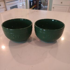 Set of Two (2) New Unbranded Green "Joy" Holiday Dip/Dipping Ceramic Bowls
